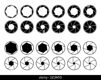 Kameralinsen Blendensymbole, Animation des Auslösers, Vektorfotografie. Fotokamera Objektiv Membran- und Blendenfokus, animiertes Video-Objektiv öffnen und Zoom-Schnappschuss für App Stock Vektor