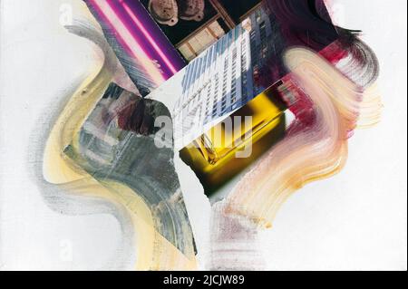 Gestische Abstraktion in Ölen, Collage, Primärfarben, suggestive und texturierte erstellt, zielt auf Buchpublikationen und Musikindustrie, Jazz, etc. Stockfoto