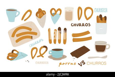 Churros, porras, Schokolade und Kaffee. Großer Satz von Vektor-isolierten Illustrationen für das Design. Traditionelles spanisches, Madrider oder mexikanisches Gebäck Stock Vektor