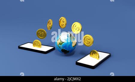 Mobile Banking-Konzept, Coin-Wechsel von Smartphone zu anderem Handy, Online-Geldtransfer-E-Wallet, 3D Rendering. Element der NASA. Stockfoto