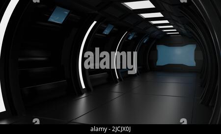 Innen Raumschiff oder Raumstation Innenraum, Sci-Fi Tunnel, Korridor mit leerem Raum Hintergrund, 3D Rendering Stockfoto