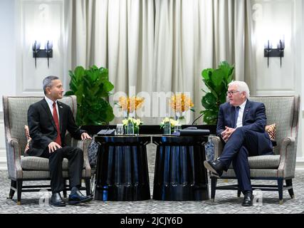 Singapur, Singapur. 14.. Juni 2022. Bundespräsident Frank-Walter Steinmeier (r) und Vivian Balakrishnan, Außenministerin von Singapur, treffen sich zu Gesprächen. Präsident Steinmeier ist zu einem zweitägigen Besuch in Singapur. Danach wird er weiter nach Indonesien reisen. Quelle: Bernd von Jutrczenka/dpa/Alamy Live News Stockfoto