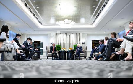 Singapur, Singapur. 14.. Juni 2022. Bundespräsident Frank-Walter Steinmeier und Vivian Balakrishnan, Außenministerin von Singapur, treffen sich zu Gesprächen. Präsident Steinmeier ist zu einem zweitägigen Besuch in Singapur. Danach wird er weiter nach Indonesien reisen. Quelle: Bernd von Jutrczenka/dpa/Alamy Live News Stockfoto