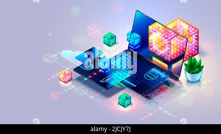 Konzept der Computertechnik. Computernetzwerk von Laptop, Telefon, Tablet auf dem Schreibtisch. Programm im Bild futuristische Glassteine auf dem Bildschirm Laptop. Software, m Stock Vektor