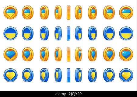 Set von rotierenden Münzen der Ukraine mit Herz für Animation. Die Münze rotiert in den Farben der ukrainischen Flagge für das Game Design. Stock Vektor
