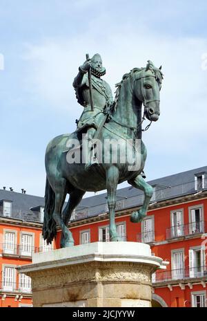 Statue von König Philipp III. Auf der Plaza Mayor, Madrid Spanien Stockfoto