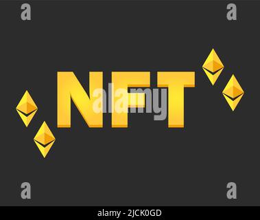 NFT-Token in Krypto-Artwork. Banner nicht-fungibler Token. NFT nicht fungible Token in der Blockchain-Technologie in digitaler Krypto Art. ERC20 Kryptowährung und Kunst im Cartoon-Stil Stock Vektor