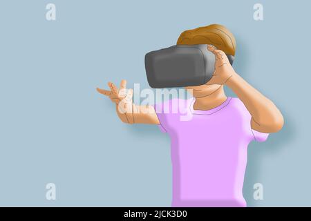 Virtual-Reality-Technologie. Kind in einer Brille der virtuellen Realität mit Planeten und Sternen im Weltraum. Illustration. Stockfoto