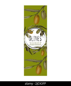 Olivenölflasche oder Olivenpackung Etikett oder Aufkleber Design handgezeichnete Vektor-Illustration mit Pflanzen floralen Elementen. Stock Vektor