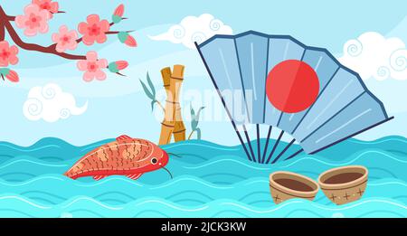 Asiatischer Reisehintergrund, japanische abstrakte Landschaft. Koi-Fische, Sakura-Zweig und Fächer mit roter Sonne in Ozean- oder Meereswellen, Vektor orientalische Symbole Stock Vektor