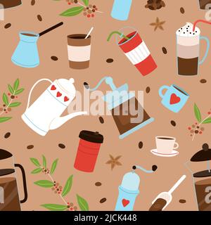 Nahtloses Kaffeemuster. Hygge Frühstückselement, Café-Restaurant oder Café Druckvorlage. Tassen und brasilien trinken Bohnen anständigen Vektor Hintergrund Stock Vektor