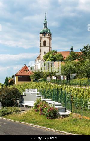 MELNIK, TSCHECHISCHE REPUBLIK - 8. JUNI 2022: Burg Melnik auf dem Hügel über dem Zusammenfluss von Labe und Moldau. Inschrift an der Wand: Vrazova wiev Stockfoto