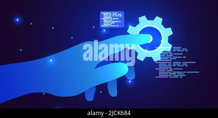 Web-Entwicklung, Codierung und Programmierung futuristischen Banner. Computercode mit der Hand berühren. Vektorgrafik Stock Vektor
