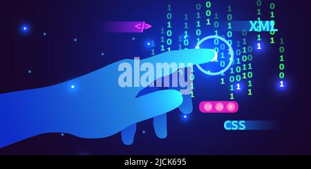 Web-Entwicklung, Codierung und Programmierung futuristischen Banner. Computercode mit der Hand berühren. Vektorgrafik Stock Vektor