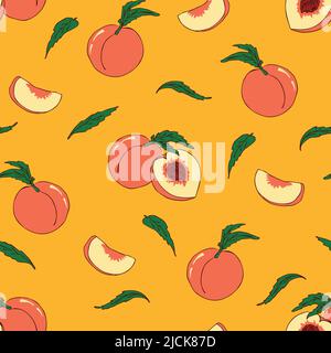 Nahtloses Vektormuster mit Pfirsichen auf gelbem Hintergrund. Einfache helle Frucht Tapete Design. Dekorative Sommer Aprikose Mode Textil. Stock Vektor