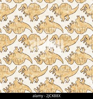 Braunes, handgezeichnetes Spinosaurus-Dinosaurier-Nahtloses Muster. Gender Neutral Jurassic fossile Silhouette für Baby-Nursery. Home Dekor für Museum, Aussterben Stockfoto