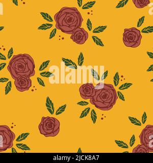 Nahtloses Vektor-Muster mit roten Rosen auf gelbem Hintergrund. Einfache Blume Blüte Tapete Design. Dekorative Vintage-Floral-Mode Textil. Stock Vektor