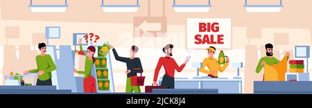 Käufer auf dem Markt. Menschen einkaufen Produkte im Einzelhandel grellen Vektor Cartoon Hintergrund Illustration Stock Vektor