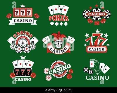 Casino-Abzeichen. Poker-Karten und Glücksspielsymbole stilisierte Embleme mit Platz für Textmünzen Symbole aktuelle Vektor-Vorlagen Stock Vektor