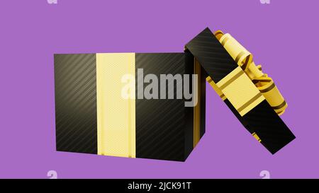 Geöffnetes Geschenk für schwarzen freitag Give-away auf Rosenkulisse, isoliert - Objekt 3D Rendering Stockfoto
