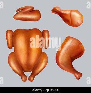 Grillhähnchen. Realistische ausgefranste Vögel auf Geschirr Kochen leckeres Essen auf Teller anständige Vektor-Huhn-Illustrationen Stock Vektor