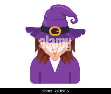 Scary Hexe in lila Robe und Zauberhut. Flache Vektor-Illustration. Stock Vektor