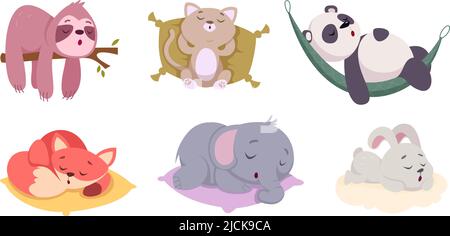 Schlafende Tiere. Nette lustige wilde Tiere in entspannenden Posen genaue Vektor-Cartoon-Figuren Sammlung Stock Vektor