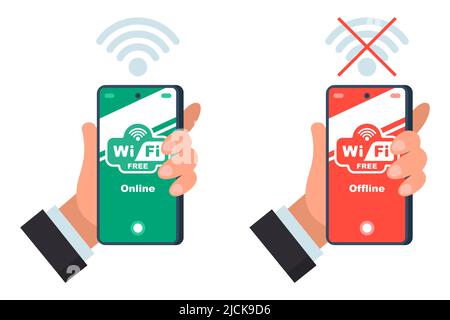 Telefon ist mit WiFi verbunden. Ohne Internetzugang. Kostenloses Internet im Café. Flache Vektorgrafik. Stock Vektor