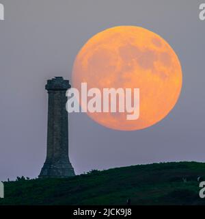 Portesham, Dorset, Großbritannien. 13.. Juni 2022. Wetter in Großbritannien. Der fast volle Strawberry Super Moon leuchtet orange, als er sich hinter dem Hardy Monument in Portesham in Dorset in den klaren Abendhimmel erhebt. Das Denkmal wurde 1844 in Erinnerung an den Vizeadmiral Sir Thomas Masterman Hardy errichtet, der Flaggenkapitän der HMS Victory bei der Schlacht von Trafalgar war. Bildnachweis: Graham Hunt/Alamy Live News Stockfoto