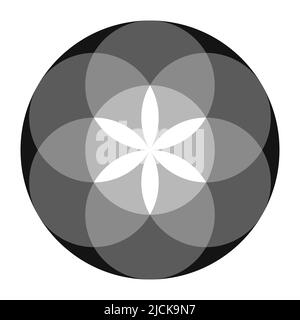 Graustufen gefärbte Saat des Lebens. Alte geometrische Figur, spirituelles Symbol und Heilige Geometrie. Überlappende Kreise bilden ein blütenähnliches Muster. Stockfoto