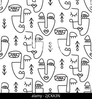 Aztec eine Linie Zeichnung Frauen Gesichter Muster Stock Vektor