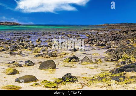 El Cotillo, Nord-Fuerteventura: Viele zahllose Steine im Wasser verstreut im Sand am felsigen Strand bei Ebbe, türkisfarbenem Meer Lagune Hintergrund Stockfoto