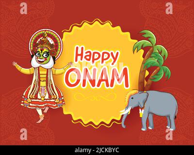 Happy Onam-Weihnachtskonzept Mit Kathakali-Tänzerin, Elefantentier, Kokosnuss Oder Palmenbaum Auf Gelb- Und Dunkelorange-Paisley-Muster-Backgr Stock Vektor