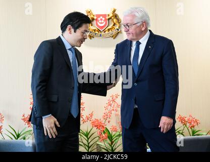 Singapur, Singapur. 14.. Juni 2022. Bundespräsident Frank-Walter Steinmeier und Lawrence Wong (l.), Finanzminister und stellvertretender Premierminister von Singapur, treffen sich zu Gesprächen. Präsident Steinmeier ist zu einem zweitägigen Besuch in Singapur. Danach wird er weiter nach Indonesien reisen. Quelle: Bernd von Jutrczenka/dpa/Alamy Live News Stockfoto