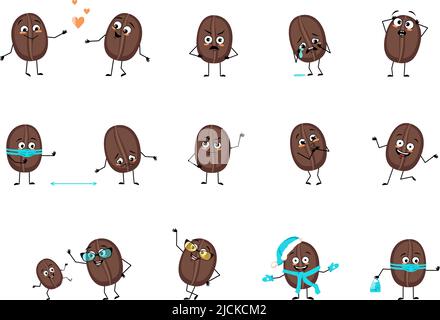 Kaffeebohne-Charakter mit glücklichen oder traurigen Emotionen, Panik, liebevollem oder tapferen Gesicht, Händen und Beinen. Person mit Maske, Brille oder Hut. Vektorgrafik flach Stock Vektor