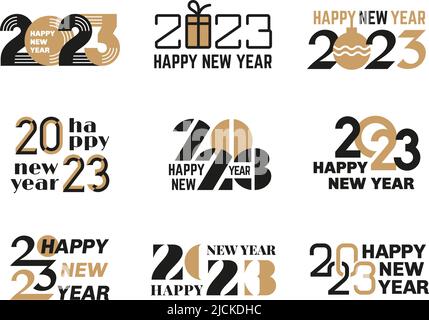 Kreative 2023 Zahlen Zeichen. Glückliches neues Jahr Nummer Design, Kalender decken dynamische Typografie Elemente. Minimal Stil Datum ordentlich Vektor schwarz Gold Logo Stock Vektor