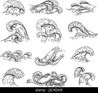 Kurven skizzieren. Seeozeanwelle. Isolierte, handgezeichnete Flusselemente, Doodle-Wasserstrom oder Sturm. Skizzierter nautischer schwarzer neoterischer Vektorsatz Stock Vektor