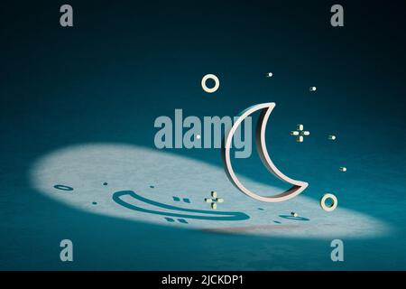 Schöne abstrakte Illustrationen Rakete und Start Symbol Symbol auf einem dunkelblauen Hintergrund. 3D Rendering-Illustration. Weltraumforschung. Stockfoto