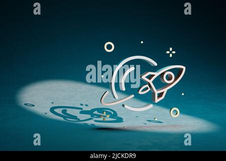Schöne abstrakte Illustrationen Mond und Start Symbol Symbol auf einem dunkelblauen Hintergrund. 3D Rendering-Illustration. Weltraumforschung. Stockfoto