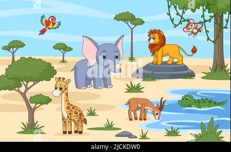 Savannentiere trinken und ruhen sich aus. Animal africa Cartoon-Landschaft, wilde exotische Wald Panorama. Niedlicher Elefant, Papageienvögel, Giraffe und Löwe, Zoogarish Stock Vektor