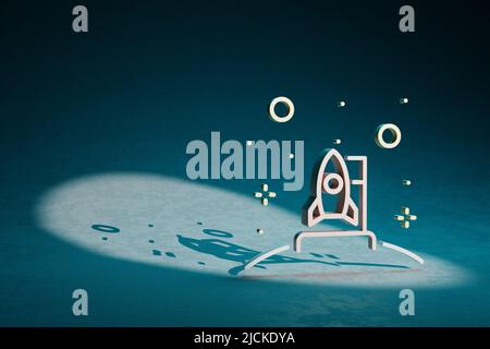 Schöne abstrakte Illustrationen Rakete und Start Symbol Symbol auf einem dunkelblauen Hintergrund. 3D Rendering-Illustration. Weltraumforschung. Stockfoto