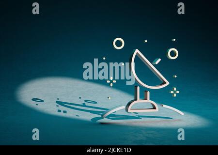 Schöne abstrakte Illustrationen Satelliten- und Startsymbol-Symbol auf dunkelblauem Hintergrund. 3D Rendering-Illustration. Weltraumforschung. Stockfoto