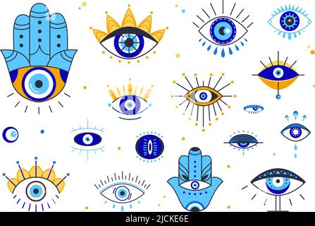 Okkulte Augen kritzeln. Tribal esoterische Linie Auge, Tattoo Schablone. Griechische oder türkische Schutz ethnische Symbole. Magische spirituelle Kunst Elemente, mystisch Stock Vektor