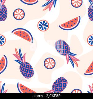 Crazy Fruits Hintergrund. Ananas, Wassermelone und Zitrusscheiben. Heller abstrakter Fruchtdruck, zeitgemäßes Vektor-Nahtloses Muster Stock Vektor