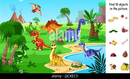 Versteckte Objekte Spiel. Dinosaurier Regenwald, visuelle Gaming Puzzle Ort, um 10 Objekte zu finden. Kind Cartoon grelle Landschaft mit Dinos Vektor-Szene Stock Vektor