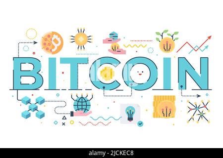Bitcoin-Wortbeschriftung mit Symbolen für Webbanner, Flyer, Landing Page, Präsentation, Buchcover, Artikel usw. Stock Vektor