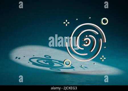Schöne abstrakte Illustrationen Galaxy und Start Symbol Symbol auf einem dunkelblauen Hintergrund. 3D Rendering-Illustration. Weltraumforschung. Stockfoto