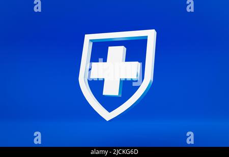 Medizinischer Schild mit einem Kreuz auf 3D blauem Hintergrund Gesundheitsmedizin geschützt 3D Rendering Stockfoto