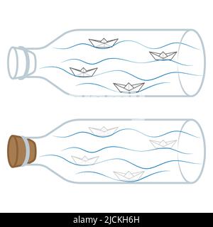 Satz von Vektorgrafiken von Papierbooten in Flaschen-Symbolen. Skizzieren Sie einfache Papierboot isoliert auf weißem Hintergrund. Symbol für Reisen und Meer. Stock Vektor