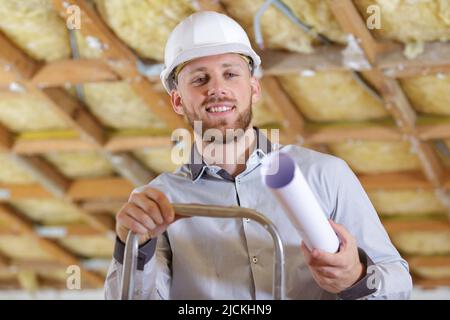 Ein Ingenieur auf der Leiter Stockfoto